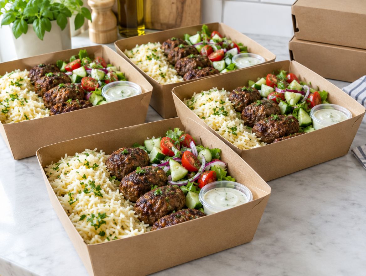 Kraft boxes of kofta, rice and salad